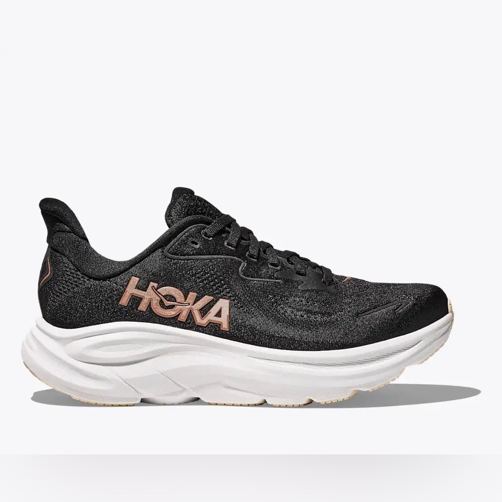 HOKA Clifton 10 Black/Rose Gold Walking Sneaker - Womens 8.5